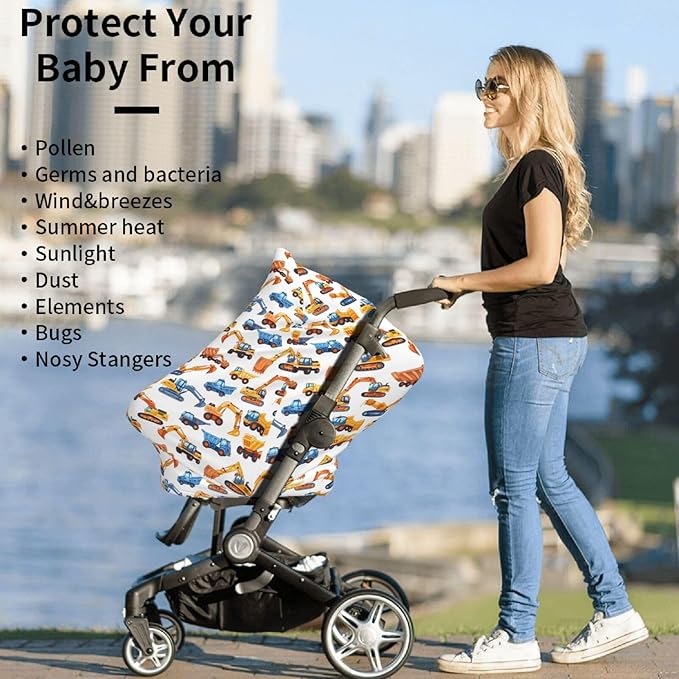Excavators and Trucks Baby Car Seat Covers Carseat Canopy Soft Infant Stroller Cover Nursing Breastfeeding Covers for Girls Boys Newborn