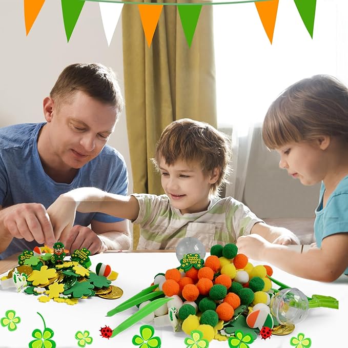 248 Pcs St. Patricks Day Sensory Bin Filler Fine Motor Toys Green Sensory Bin Items 120 Pompoms 80 Lucky Shamrocks Foam 30 Lucky Coins 6 Rings St. Patrick's Decor for Counting Sorting