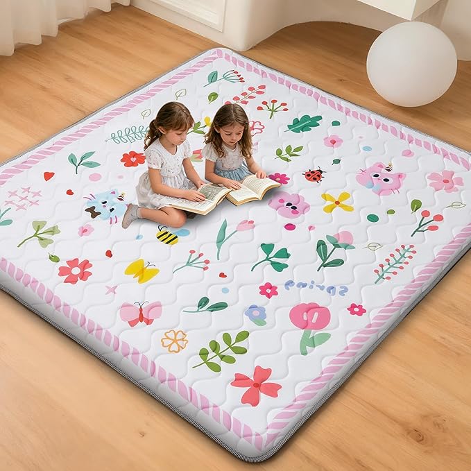 RONGFA Baby Play Mat for Floor, 50'' x 50'' Thicken Foam Soft Padded Mat for Baby, Playpen Mat for Toddlers Infant Kids, Machine Washable, Non-Slip Bottom Safe for Crawling (Flower)