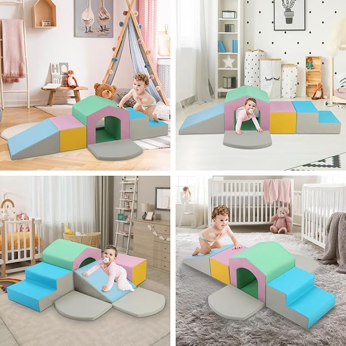 MFUN Soft Climbing Toys for Toddlers & Baby, 6-Piece Foam Climbing Blocks, Kids Playground Climbers & Play Structures, Waterproof & Easy to Clean (Pink, 6-Piece)
