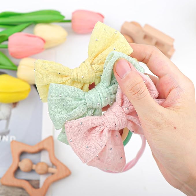 YanJie 3PCS 4’’ Lace Hair Bow for Girls Soft Nylon Baby Headbands Rhinestone Pink Yellow Green Bows Hair Accessories for Newborn Infant Toddler Girl