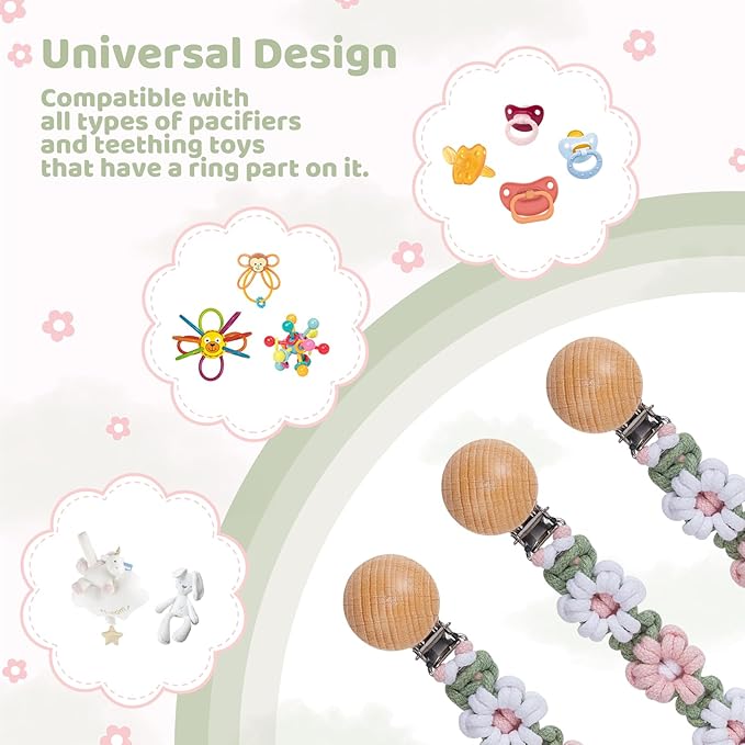 Pacifier Clip for Boys Girls Floral Daisy Macrame Baby Paci Clip Pacifier Holder Leash Boho Wooden Clips Handmade Braided Cotton Binky Clips (2pack:Misty Rose & Green Daisy)