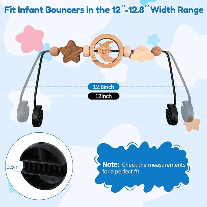 Natural Wooden Activity Toy Bar for Baby Bjorn Bouncer, 360° Rotating Smiling Moon Hanging Toys for Infant Car Seat & Stroller, Sensory Development Toy 0-12 Months