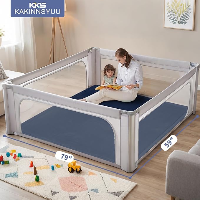 2-Inch Extra Thick Baby Floor Mat, 79"x59" Large Nursery Rug with Powder-Free Memory Foam, Water-Resistant Flannel Cover & Non-Slip Base for Tummy Time and Crawling, Navy Blue