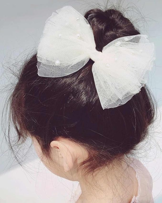 4PCS Ivory Tulle Hair Bows for Toddler Girls Cute Pearls Hair Clips Sweet Flower Girl Hair Accessories for First Communion Party Daily Wearing