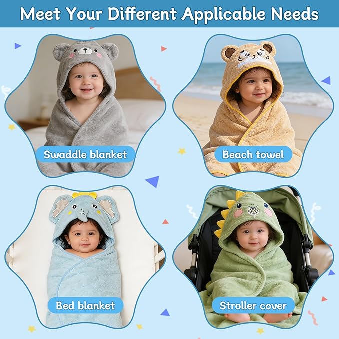 14 PCS Baby Bath Towels Set, 4 PCS Large 31"x31" Animal Hooded Towels & 10 Washcloths, Thick & Ultra Absorbent for Newborns Infants Toddlers 0-5 Years, Soft for Boys
