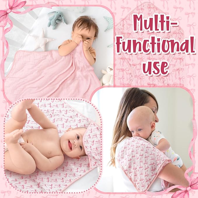Hahafelt 2 Pcs Pink Bow Baby Hooded Towels for Newborn 100% Muslin Cotton Baby Bath Towel with Hood for Babies Infant Toddler and Kids Large 32x32inch Soft Absorbent Kids Essential Gift