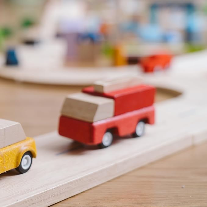 PlanToys® Fire Truck Wooden Montessori Vehicle Toy | Early Movement, Imagination and Practical Life Exploration | Eco Friendly Fire Rescue Truck for Indoor and Outdoor Play