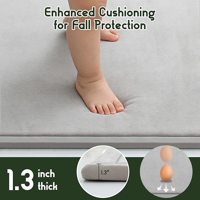 Baby Play Mat for Floor, 1.3 Inch Thick Memory Foam Tummy Time Mat with Non Slip Backing, Soft Coral Velvet 59X71 Inch Playpen Mat Crawling Tatami for Infants Toddlers Kids, Light Grey