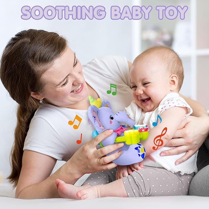 Ryotagift Baby Bilingual Musical Elephant Stuffed Animals Toys,Infant Early Learning Toy with Light-Up Music & Crinkle,Tummy Time Toys for 0 3 6 9 12+ Months for Baby Boy Girl Gift,Purple