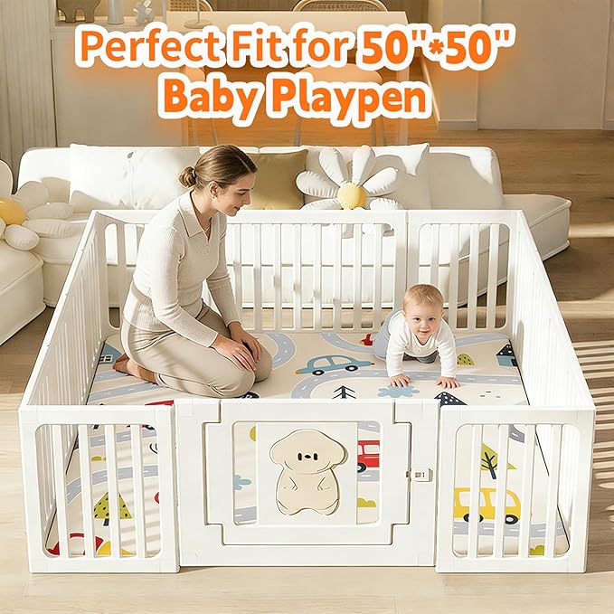 1.3" Thick Baby Play Mat for Floor,50x50 PU Leather Playpen Mat for Toddlers Infant Kids,Ultra Soft Support Cushioned & Waterproof Playmat for Baby Girls and Boys Play on Floor/Car Pattern
