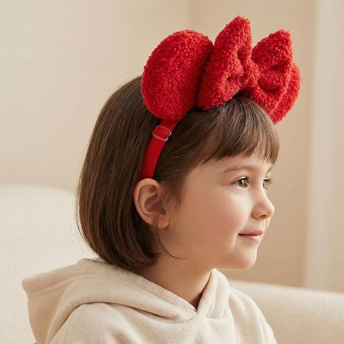 Adjustable Wool Mouse Ears Elastic Headband with Bow, Fluffy Fleece Hair Bow Hairband for Infant Toddlers Baby Girls