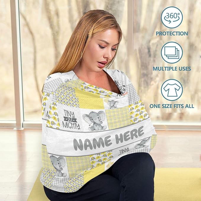 Personalized Cute Elephant Yellow Baby Car Seat Cover for Babies with Name, Custom Baby Car Seats Canopy for Boys Girls, Nursing Breastfeeding Stroller Covers Infant Car Seat Blanket for Newborn