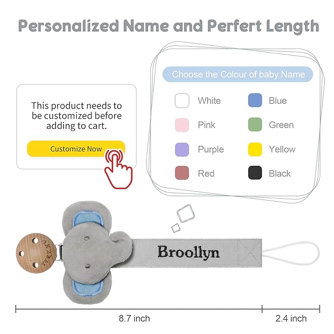 TYRY.HU Personalized Pacifier Clip with Name, Customize Pacifier Leash, Embroidery Ribbon Pacifier Holder for Girls and Boys, Universally Fit All Pacifiers, Grey Elephant