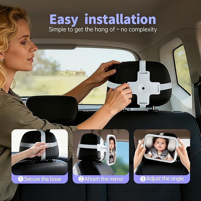 Baby Car Mirror with Remote Control Light, Shatterproof, 360° Adjustable Wide View with Night Vision, Easy Install for Rear Facing Infant Backseat