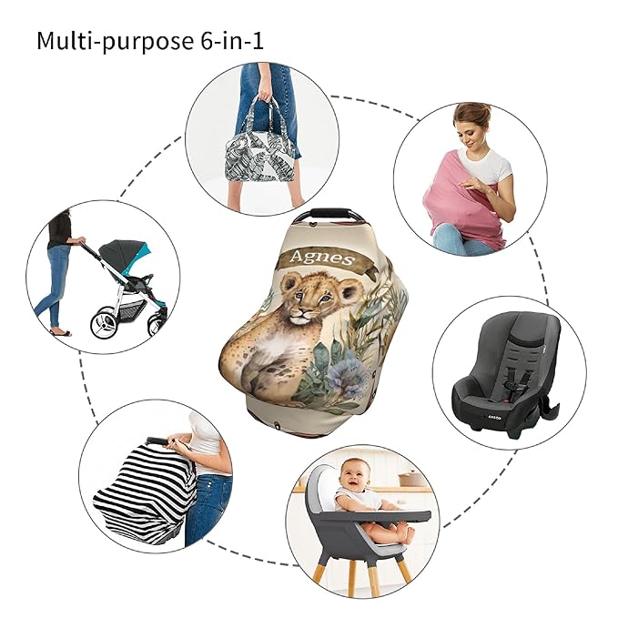 Personalized Lion Baby Car Seat Cover with Name,Multi-Use Canopy for Nursing, Strollers,Shopping Carts,Customized Breastfeeding Cover, Full Privacy,Infant Stroller Cover