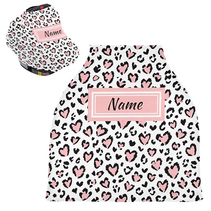 Custom Leopard Pink Heart Baby Car Seat Cover Personalized Your Name Nursing Covers Breastfeeding Scarf Infant Carseat Canopy for Mom Baby Gift
