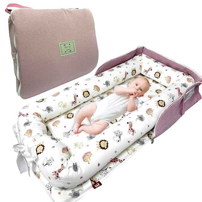 Baby Lounger, Foldable Portable Infant Lounger, Baby Nest Cover, Suitable for 0-24 Months Newborn Baby Lounger,Home Travel Dual-Purpose Baby Nest(Pink Zoo)