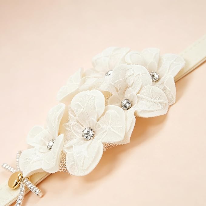 Baby Girls Hairband White Bow Lace Headbands Handmade Soft Stretchy Wide Head Band Newborn Hairbands with Bows Pearls Elastic Headband for Infant Hair Accessories(Beige Lace Flower)