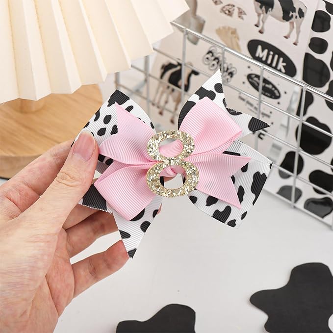 YanJie 4'' Baby Girl Birthday Hair Bow for 8 Year Old Girls Cow Print Glitter Pink Toddler Hair Clips Hair Accessories Birthday Bows for Eight Years
