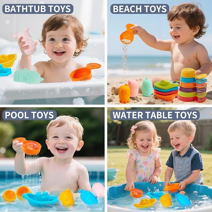 Baby Bath Toys for Toddlers, 15 PCS Mold Free Bathtub Water Play Toys with Rainbow Color Floating Boats Spoons and Silicone Sensory Bath Toys, Water Table & Pool Toys for Babies and Toddlers