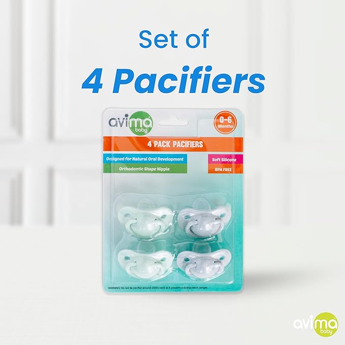 Avima Orthodontic Pacifiers 0-6 Months – BPA-Free Silicone Baby Pacifiers for Newborns & Breastfed Babies, Soothing Baby Binky w/Soft Nipple Design (4-Pack, Green & Grey)