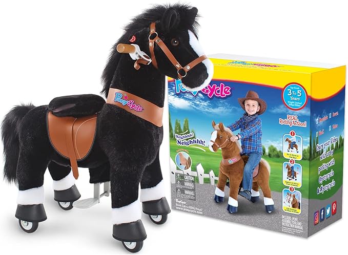 PonyCycle Ride on Horsey Toddler Ride on Toys for Boys Classic Model U (with Brake/ 30" Height/Size 3 Rocking Horse for Age 3-4) Ride on Horse Toys Mechanical Animal Plush Black Ux326