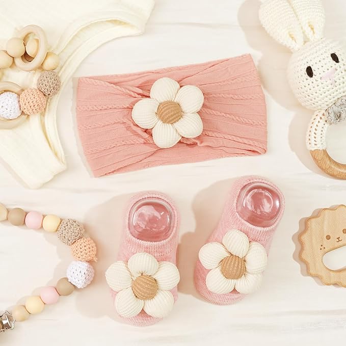 JOYOYO Baby Flower Headband and Socks, Cute Baby Girl Headbands and Soft Socks Sets for Toddler Newborn Infant Girl (Beige Pink Khaki)
