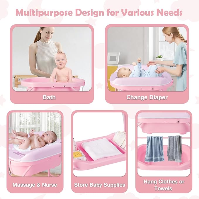 HONEY JOY 2-in-1 Baby Bathtub & Changing Table, Foldable Infant Diaper Changing Station with Wheels, Storage Tray, Waterproof Pad, Portable Newborn Nursery Organizer Bath Stand for Boys Girls (Pink)