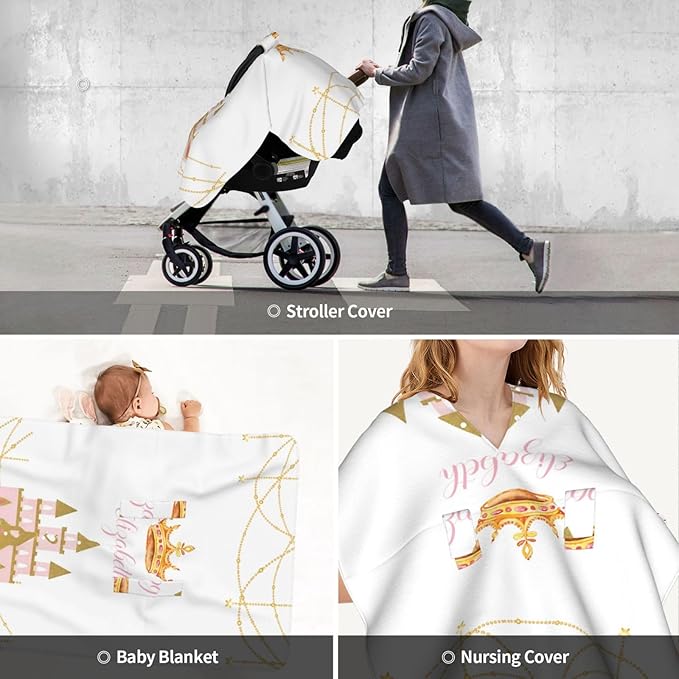 Personalized Baby Car Seat Canopy for Babies, Custom Name Car Seat Covers for Baby Girl, Princess Crown Opening Minky Nursing Breastfeeding Cover for Infant, Carseat Canopies for Newborn