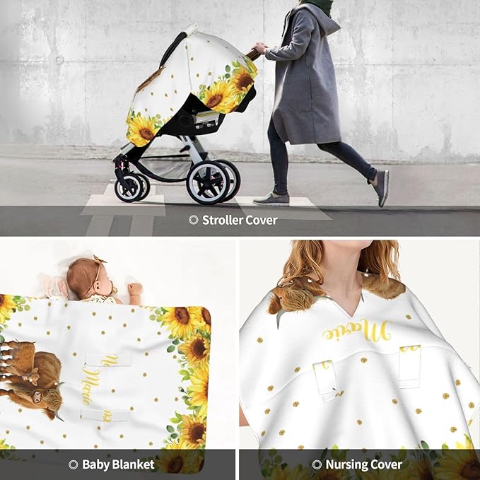 Personalized Baby Car Seat Canopy for Babies, Custom Name Car Seat Covers for Baby Girl, Sunflower Cow Opening Minky Nursing Breastfeeding Cover for Infant, Carseat Canopies for Newborn