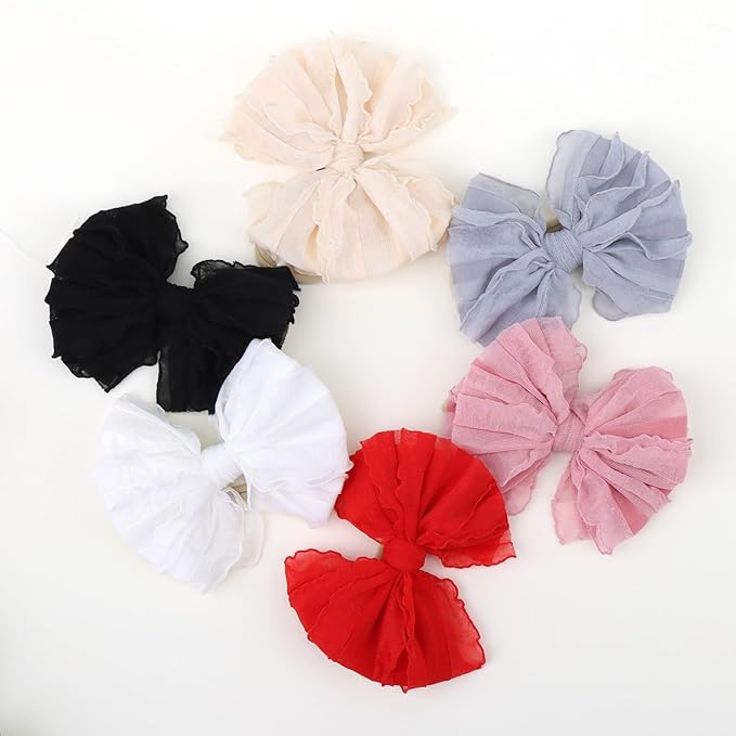 YanJie Baby Girl Bows Nylon Lace Baby Headbands Handmade Soft Elastics Newborn Bows Ruffled Big Bow Hair Accessories for Infant Baby Toddlers Girls Black White Beige Red Pink Blue