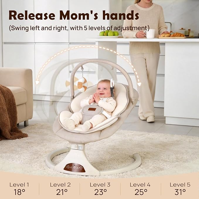 Baby Swings for Infants, Portable Infant Swing with 5-Speed Settings, Bluetooth Music & Timer, Suitable for Newborns up to 9 Months (Beige)