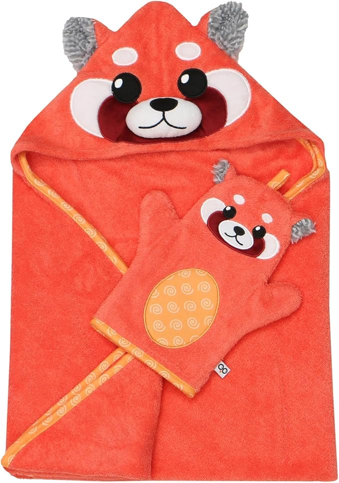 ZOOCCHINI Bath Mitt for Kids – 100% Cotton Terry with Soft Lining, Playful Animal Puppet Design for Fun Bathtime, One Size 5” x 9.25”, Remi the Red Panda