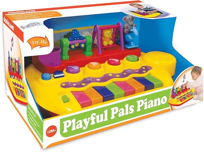 Kiddieland Playful Pals Piano for Toddlers, 8-Key Colorful Musical Toy with 5 Instrument Sounds, Moving Animal Figures, Songs, Ages 12+ Months