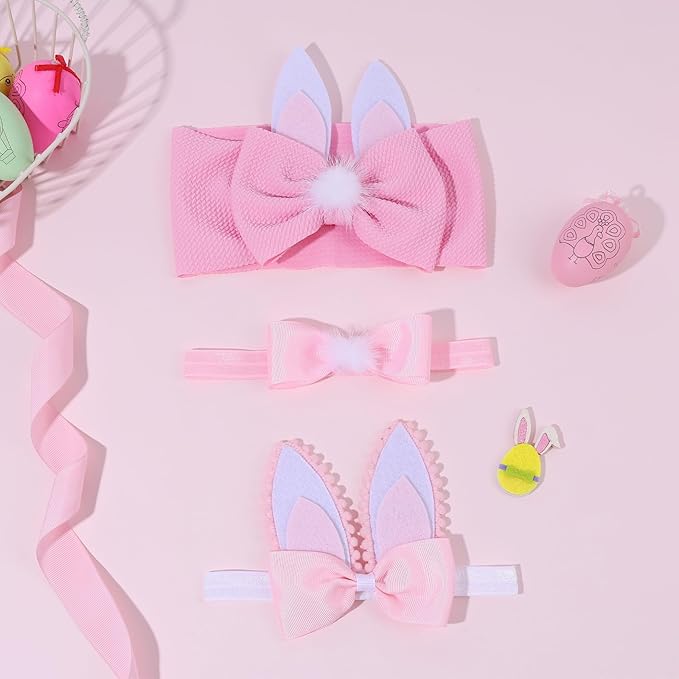 Easter Bows for Baby Girls, 3pcs Rabbit Ears Baby Headbands Pink Elastic Newborn Infant Bow Toddler Headband for Girls Hair Accessories Pink Bunny