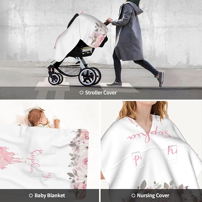 Custom Baby Car Seat Canopy with Name, Personalized Stroller Baby Car Seat Covers for Girls, Minky Nursing Carseat Cover for Breastfeeding, Car Seat Canopies for Infant Newborn(Floral Castle)
