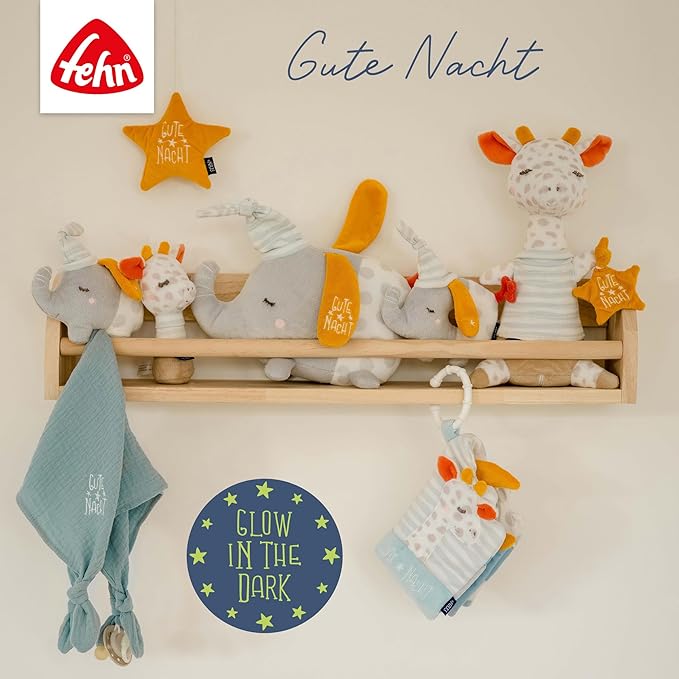 Fehn 053067 Musical Box Elephant in The Moon - Cuddly Toy & Sleep Aid with"Glow-in-The-Dark" Embroidery - Wind Up Music Box with Melody"The Moon is Up" - for Babies from Birth