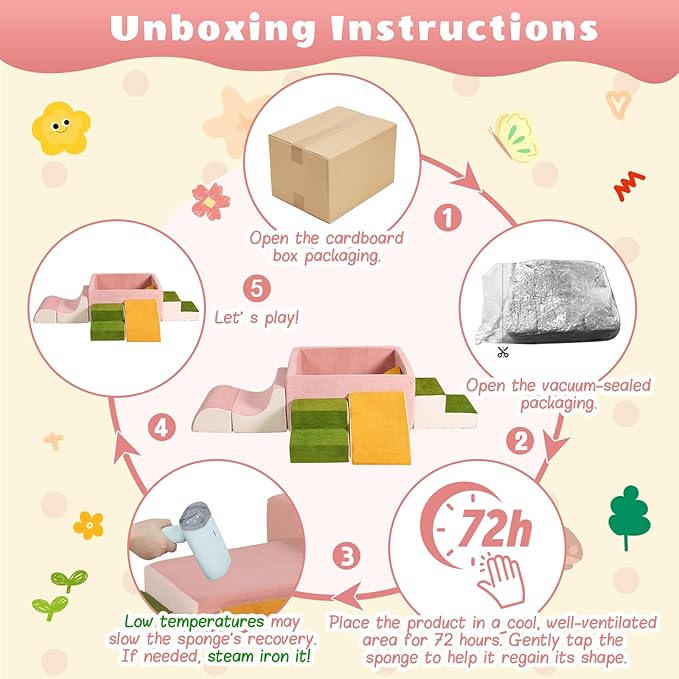 6-Piece Modular Foam Climbing Blocks for Toddlers 6-24 Months, Oeko-TEX Certified Soft Play Set with Large Ball Pit, Pink Indoor Crawling Toys for Baby Girls (Balls Not Included)