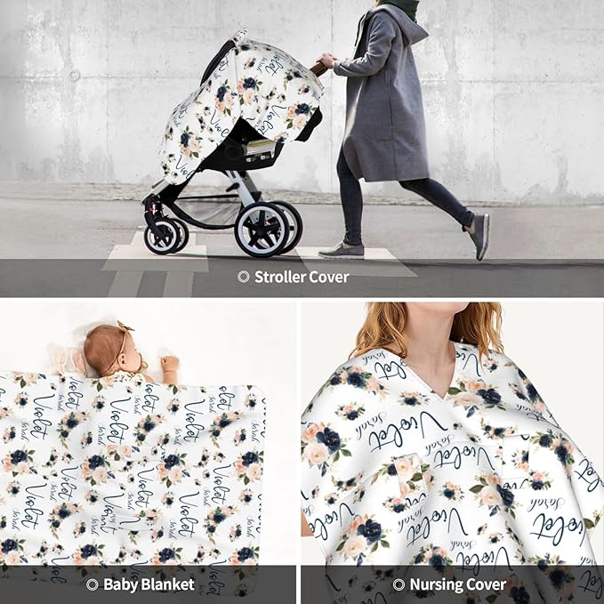 Personalized Baby Car Seat Canopy for Babies, Custom Name Floral Purple Baby Car Seat Covers for Girls, Opening Minky Nursing Breastfeeding Cover for Infant, Carseat Canopies for Newborn