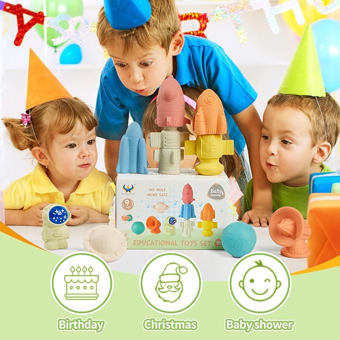AMCHSURI Mold-Free & No Holes Bath Toys 9 Pack | Safe Astronaut & Rocket Ship Toys for Babies 6-12M & Toddlers 1-3Y | Bathtub Pool Float Toys for Boys Girls