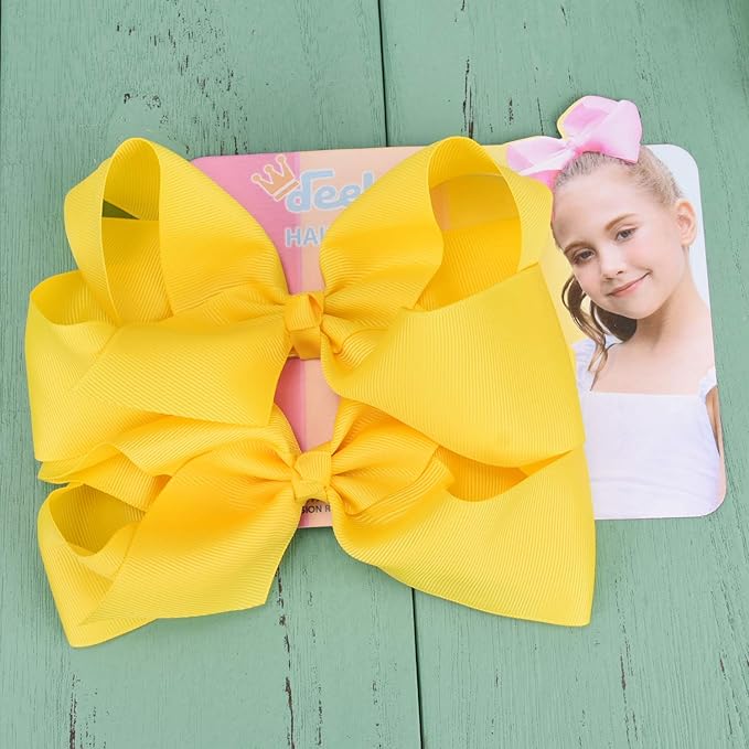 DEEKA 2 PCS 6" Big Hand-made Grosgrain Ribbon Solid Color Hair Bows Alligator Clips Hair Accessories for Little Teen Toddler Girls Kids Set of 2 -Yellow