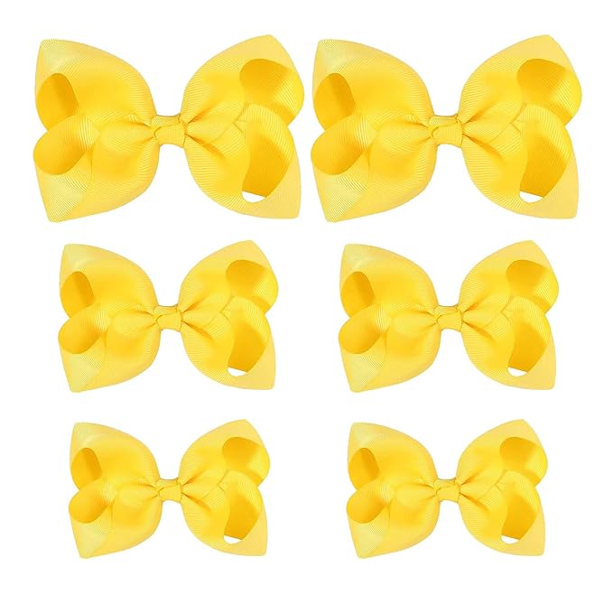 Yellow Hair Bow For Girls and Toddler - 6 pcs Yellow bows clips 6 inch ×2, 4 inch ×2, 3 inch ×2