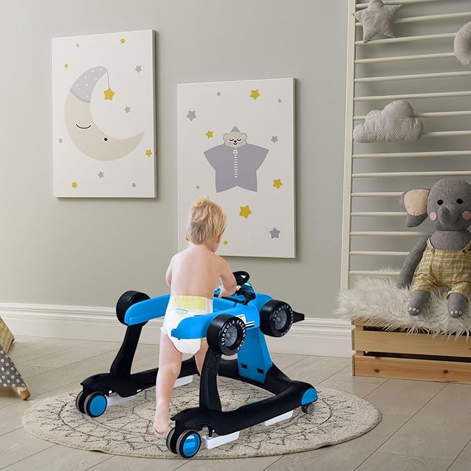 S AFSTAR 5-in-1 Baby Walker, Foldable Activity Car Walker with Adjustable Height Seat and Speed, Noiseless Smooth Wheels, Music & Light, Anti-Rollover, for Boys Girls 6-18 Months