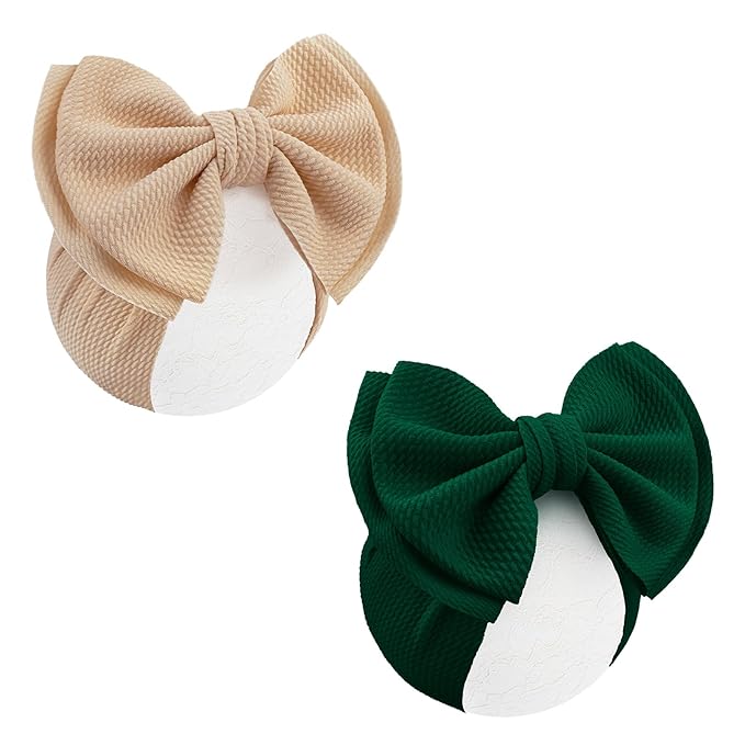 YanJie 2PCS 7'' Super Soft Knot Headbands with Hair Bows Infant Toddlers Kids Hair Accessories Beige Dark Green Headband for Newborn Baby Girls