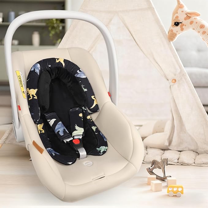 Infant Car Seat Insert & Strap Cover for Baby Boys, 2 in 1 Carseat Head Support Newborn, Ultra Soft Car Seat Cushion for Babies, Plush Fabric, Fit for Swing, Car Seat, Stroller, Bouncer, Black