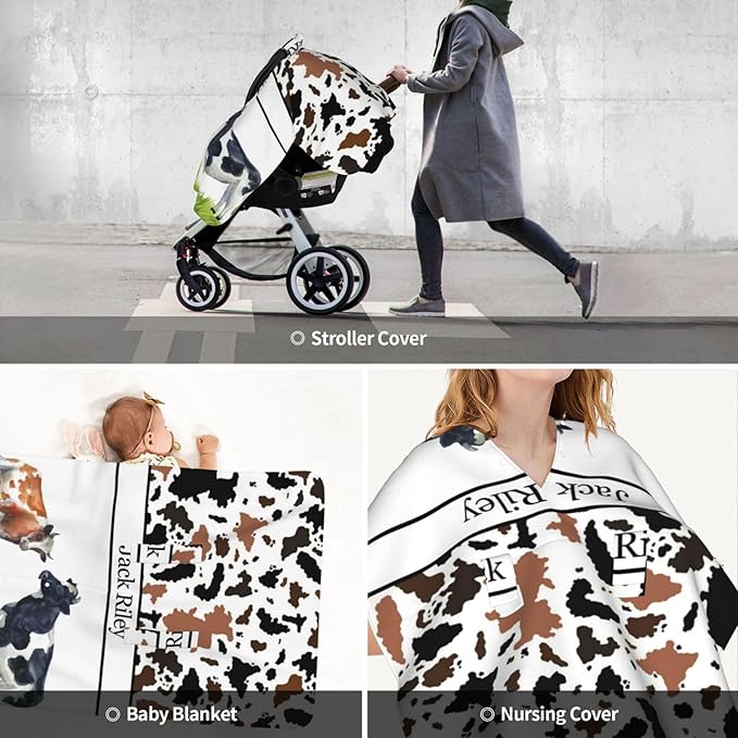Personalized Baby Boy Car Seat Canopy for Babies, Custom Name Baby Car Seats Cover for Boy, Cow Opening Minky Nursing Breastfeeding Covers for Infant, Carseat Canopies for Newborn