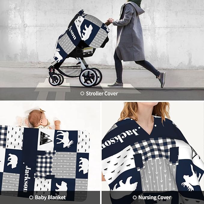 Personalized Baby Car Seat Canopy for Babies with Name, Custom Car Seat Covers for Boys, Infant Opening Minky Nursing Breastfeeding Stroller Cover Carseat Canopies for Newborn (Deer and Bear Blue)