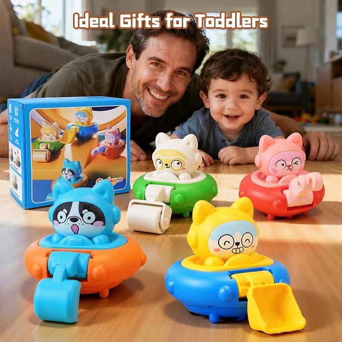 Cars Toy for 18m+ Boys Birthday Gift - 4 PCS Press to Go Friction Vehicle Racing Car Toys Set for Toddlers, Push and Go Car Toys Infant 1st Birthday Gifts for Boys and Girls