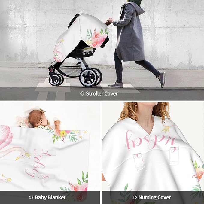 Personalized Baby Car Seat Canopy With Name - Custom Swan Stroller Cover for Girls, Minky Nursing Cover for Breastfeeding, Newborn Carseat Canopies
